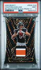2025 Panini Select Rookie Swatches Rk Swatches-Black Prizm 1/1 Colston Loveland #Rsw-Cld PSA 9