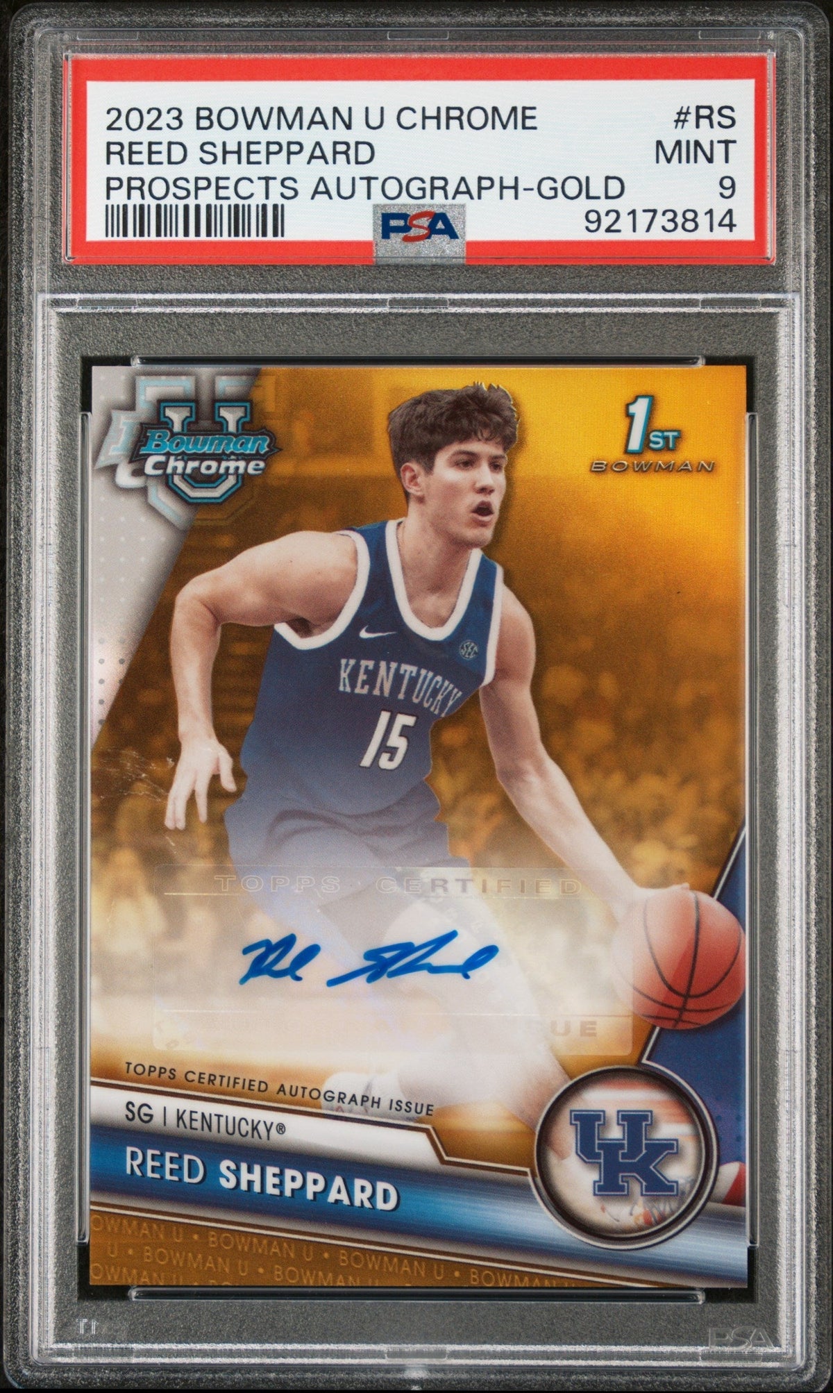 2023 Bowman University Chrome Bowman Chrome Prospects Autographs Prospects Autograph-Gold Reed Sheppard #Rs /50 PSA 9