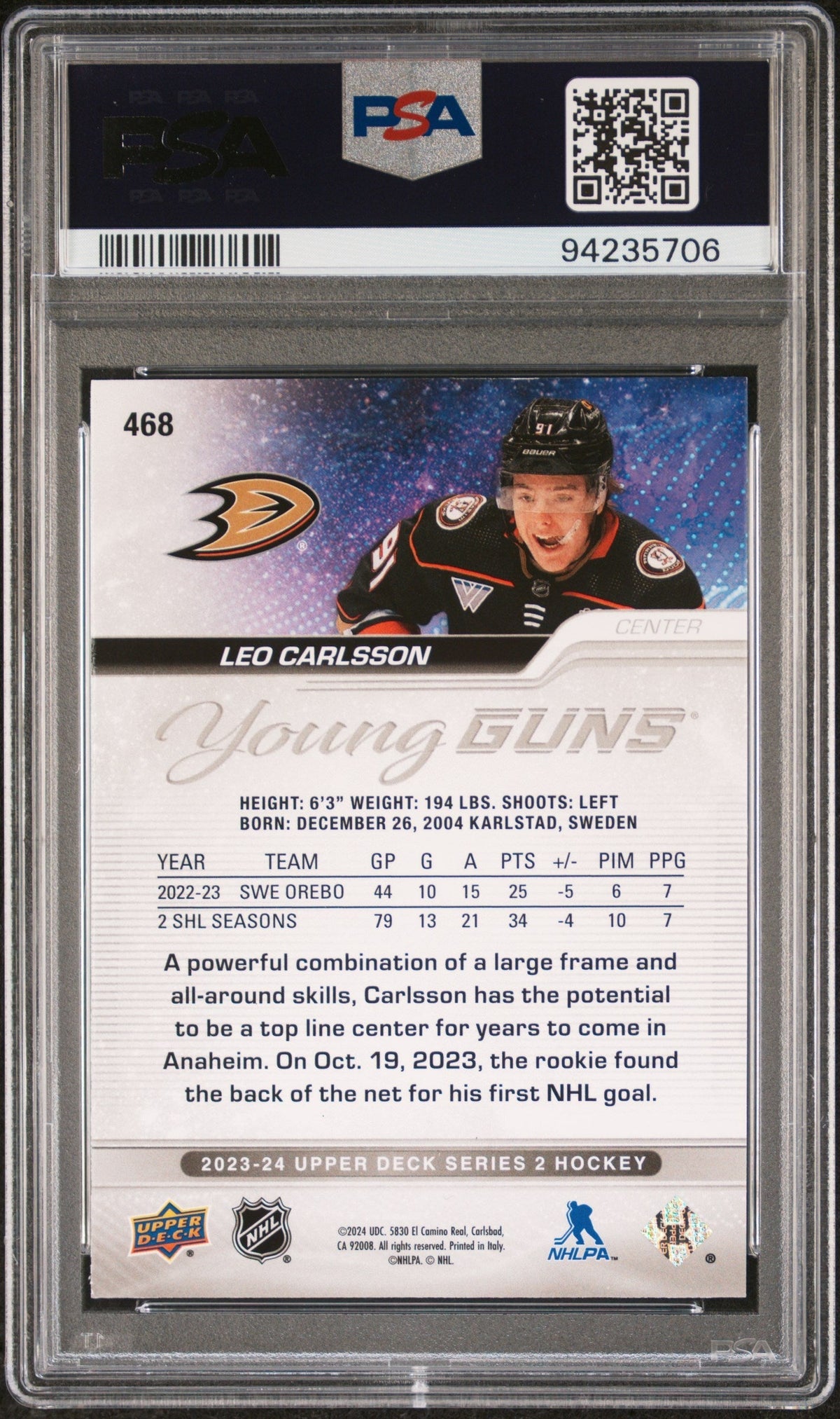 2023 Upper Deck Young Guns Outburst Silver Leo Carlsson #468 PSA 9