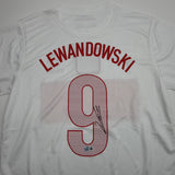 Autographed/Signed Robert Lewandowski Poland White Soccer Futbol Jersey Beckett BAS COA
