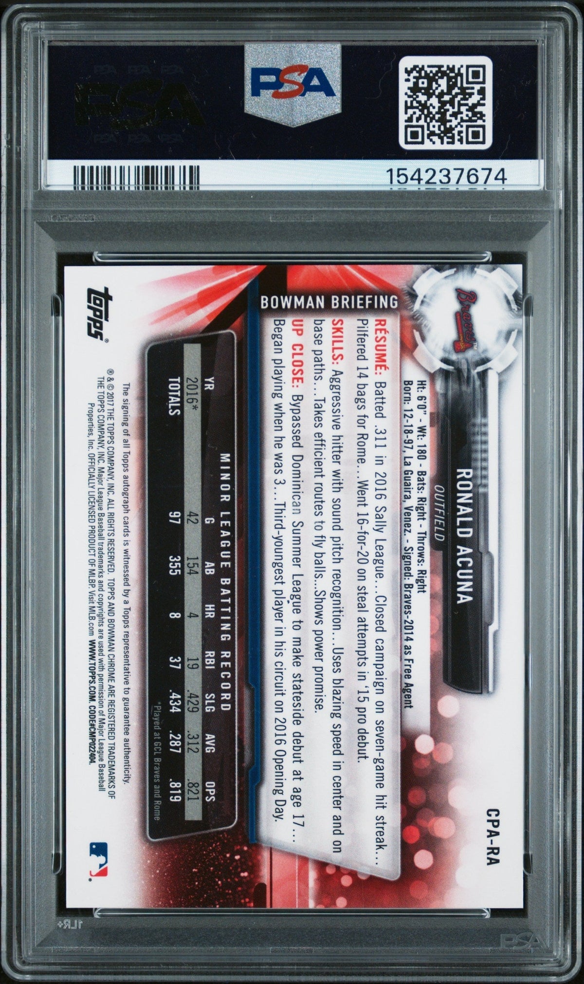 2017 Bowman Chrome Prospect Autograph Ronald Acuna #Cpa-Ra PSA 9