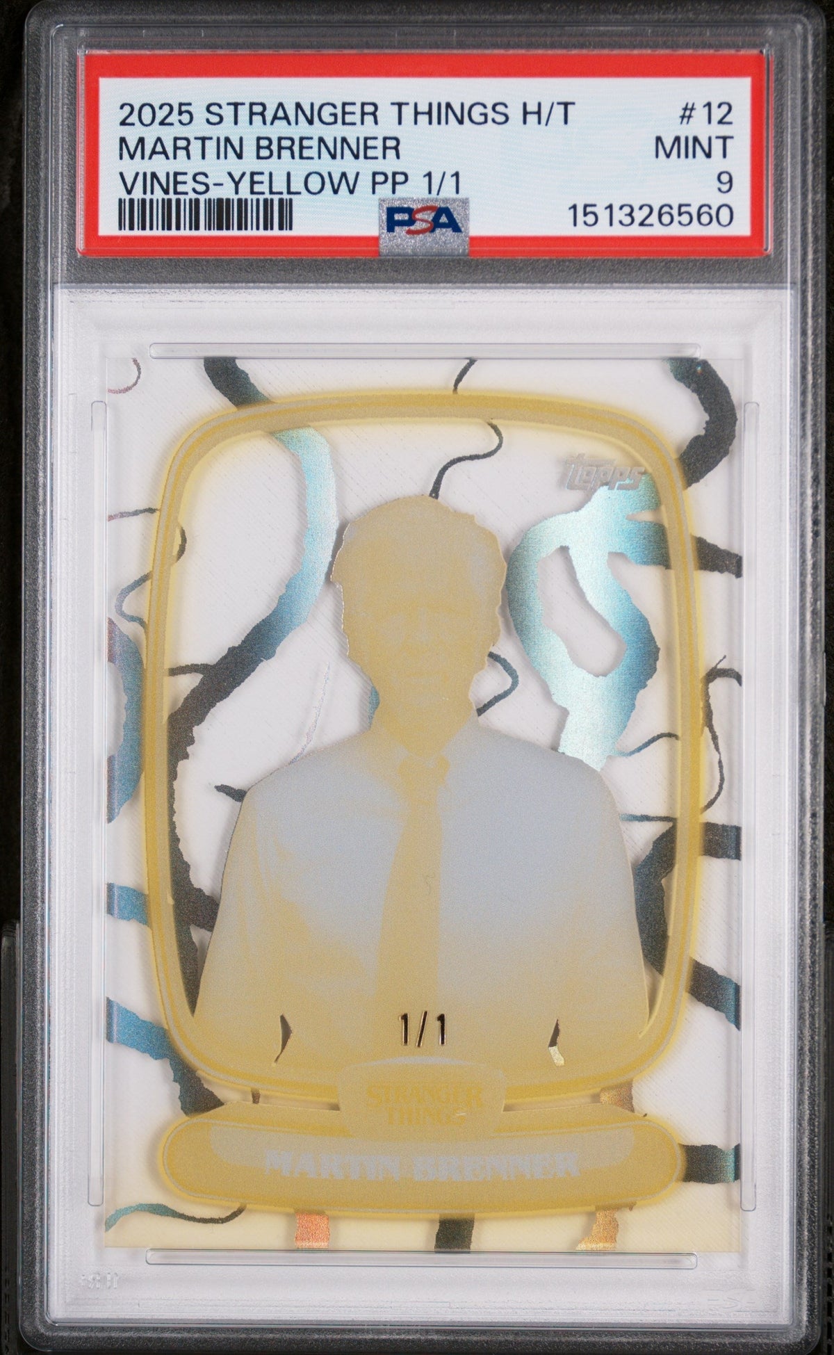 2025 Topps Stranger Things High Tek Vines-Yellow Printer Proof 1/1 Martin Brenner #12 PSA 9