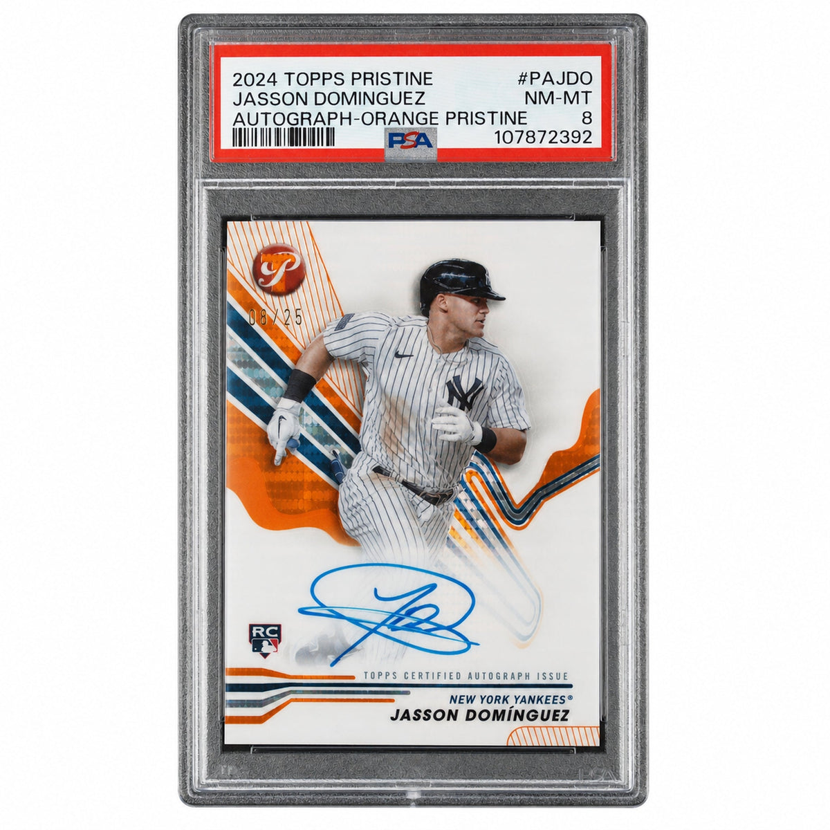 2024 Topps Pristine Pristine Autographs Autograph-Orange Pristine Jasson Dominguez #Pajdo /25 PSA 8