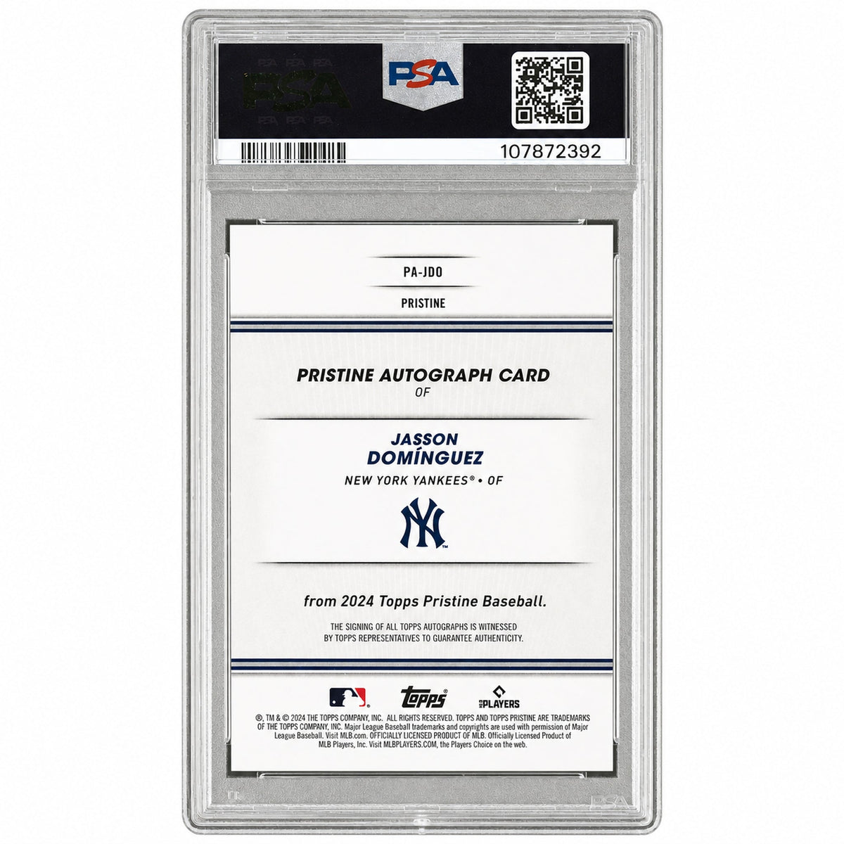 2024 Topps Pristine Pristine Autographs Autograph-Orange Pristine Jasson Dominguez #Pajdo /25 PSA 8