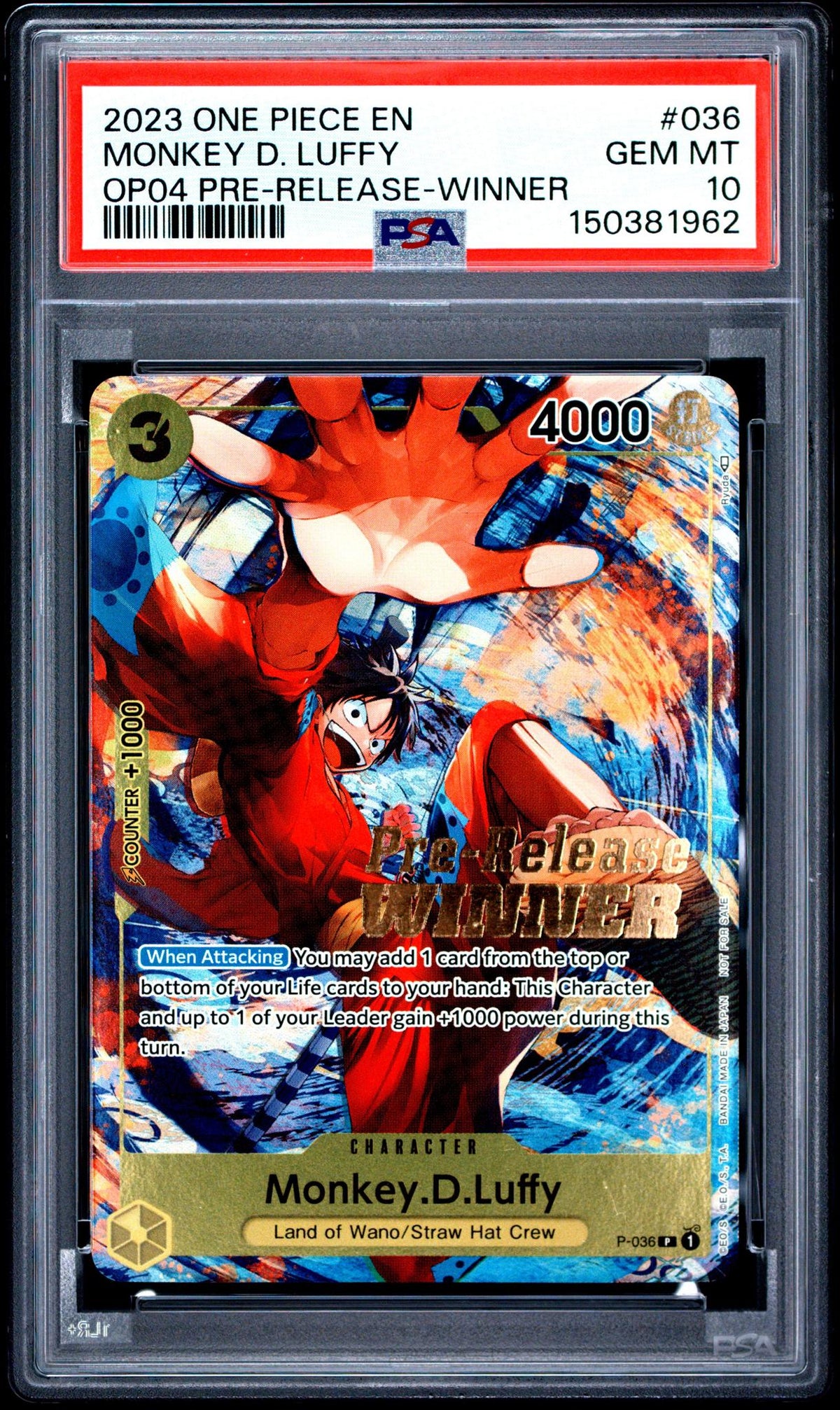 2023 One Piece Kingdoms Of Intrigue Prerelease Winner Monkey D. Luffy #P-036 PSA 10