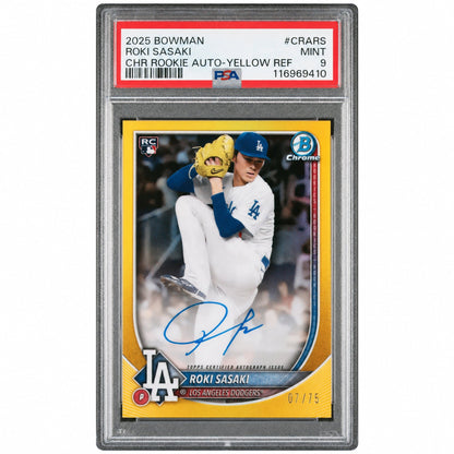 2025 Chrome Rookie Autographs Yellow Refractors Roki Sasaki #Crars /75 PSA 9