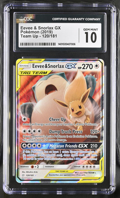 2019 Pokemon #120/181 Eevee & Snorlax Gx Team Up CGC 10