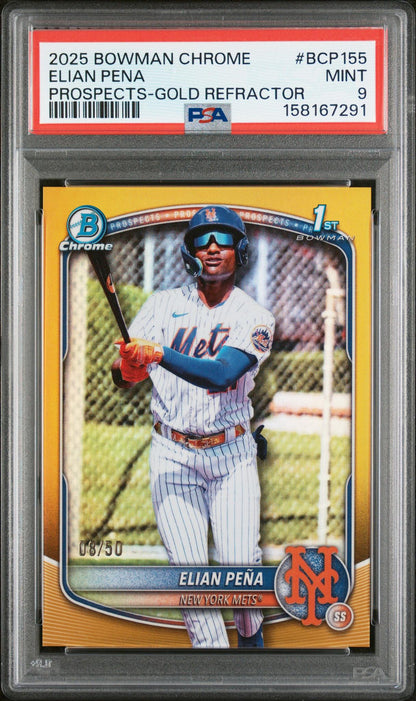 2025 Chrome Prospects Gold Refractors Elian Pena #Bcp155 /50 PSA 9