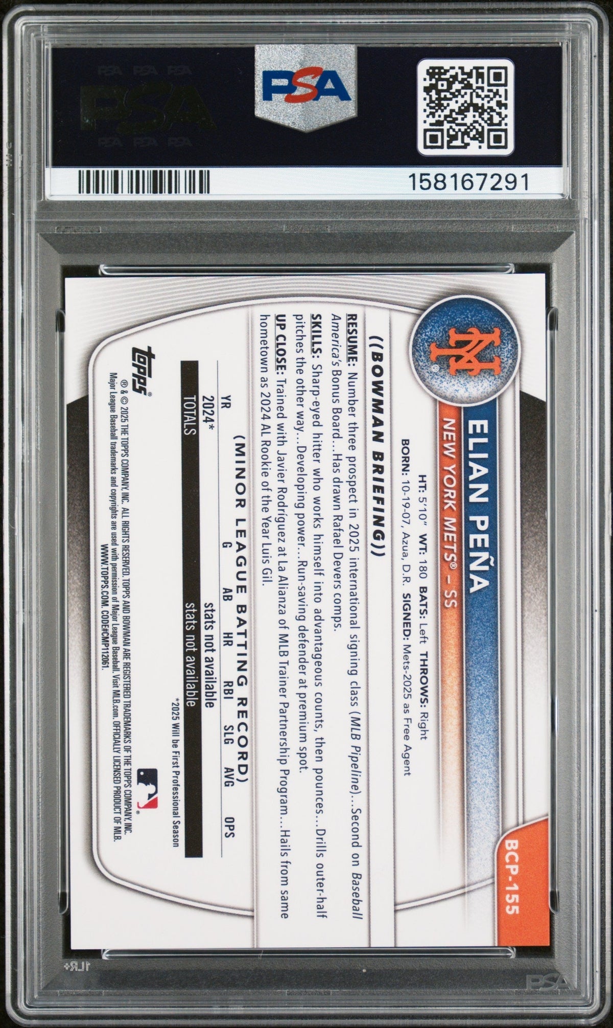 2025 Chrome Prospects Gold Refractors Elian Pena #Bcp155 /50 PSA 9