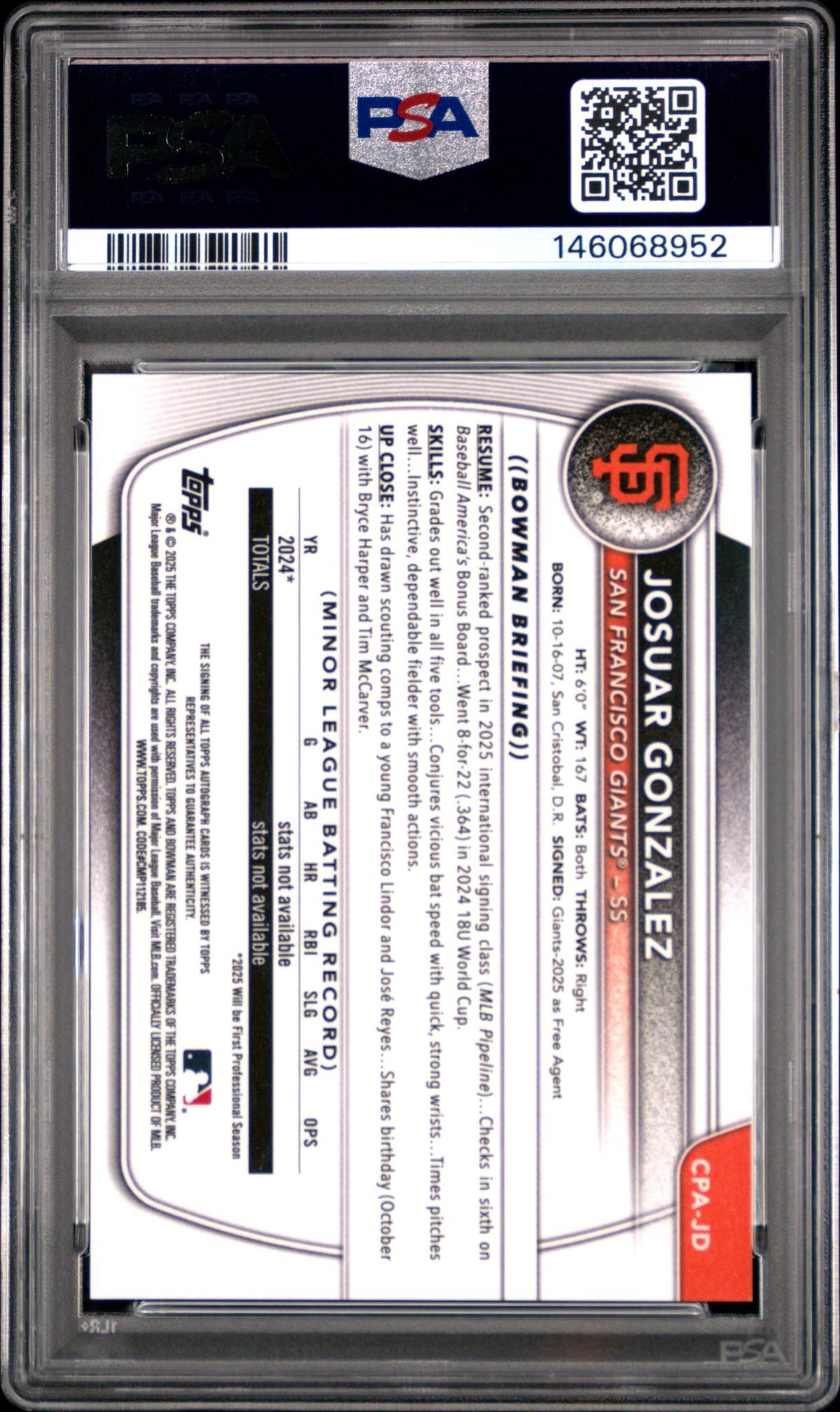 2025 Bowman Chrome Prospect Autograph Gold Shimmer Refractor Josuar Gonzalez #Cpajd /50 PSA 9