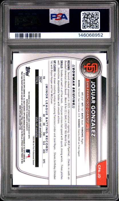 2025 Bowman Chrome Prospect Autograph Gold Shimmer Refractor Josuar Gonzalez #Cpajd /50 PSA 9