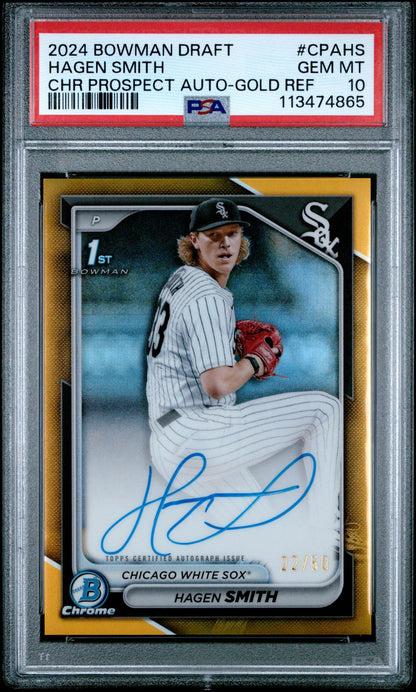 2024 Bowman Draft Chrome Prospect Autographs Gold Refractor Hagen Smith #Cpahs /50 PSA 10