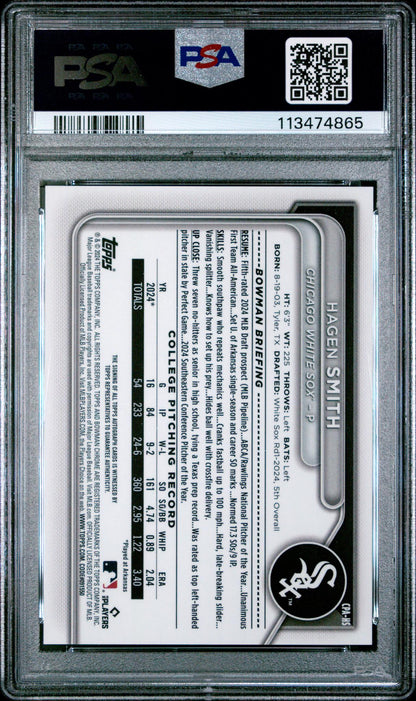 2024 Bowman Draft Chrome Prospect Autographs Gold Refractor Hagen Smith #Cpahs /50 PSA 10