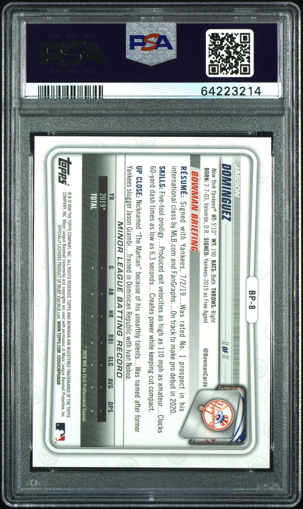 2020 Bowman Green Jasson Dominguez #Bp8 /99 PSA 10