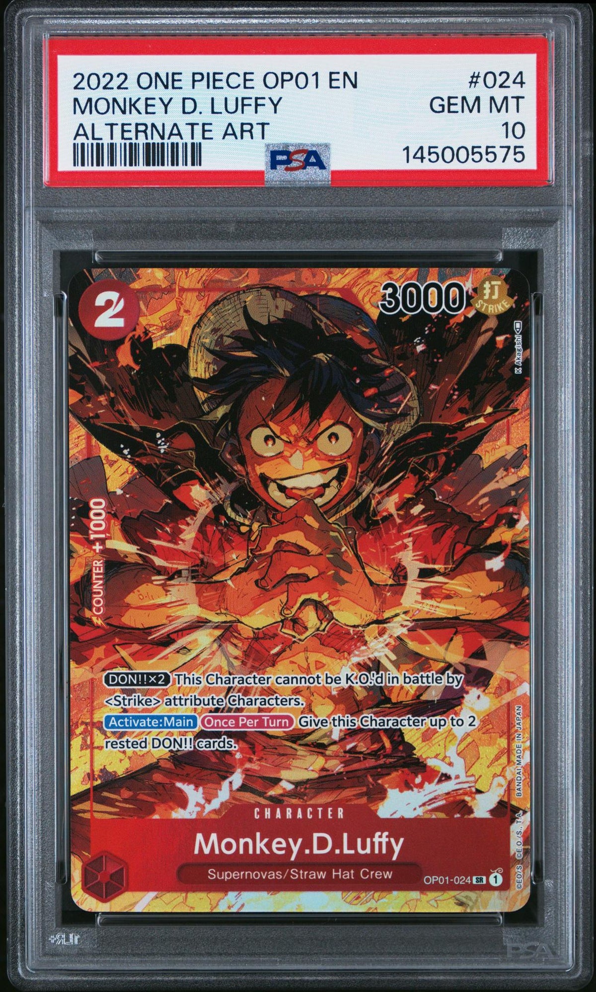 2022 One Piece Romance Dawn Alternate Art Monkey D. Luffy #Op01024 PSA 10