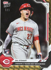 2026 Topps Now Sal Stewart #309 Foilfractor 1/1 2nd Home Run in 11th Delivers Reds Win in San Diego Cincinnati Reds Rookie RC Baseball Card