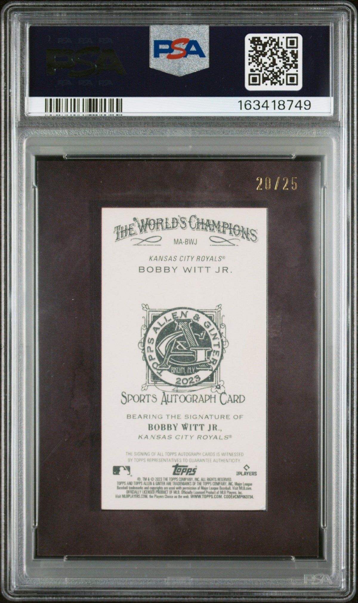2023 Topps Allen & Ginter Framed Mini Autograph Black Frame Bobby Witt Jr. #Mabwj /25 PSA 8