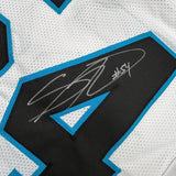 Framed Autographed/Signed Shaq Thompson 35x39 Carolina White Football Jersey JSA COA