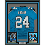 Framed Autographed/Signed Jonathon Brooks 35x39 Carolina Blue Football Jersey JSA COA