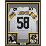 Framed Autographed/Signed Jack Lambert 35x39 Pittsburgh White Football Jersey JSA COA