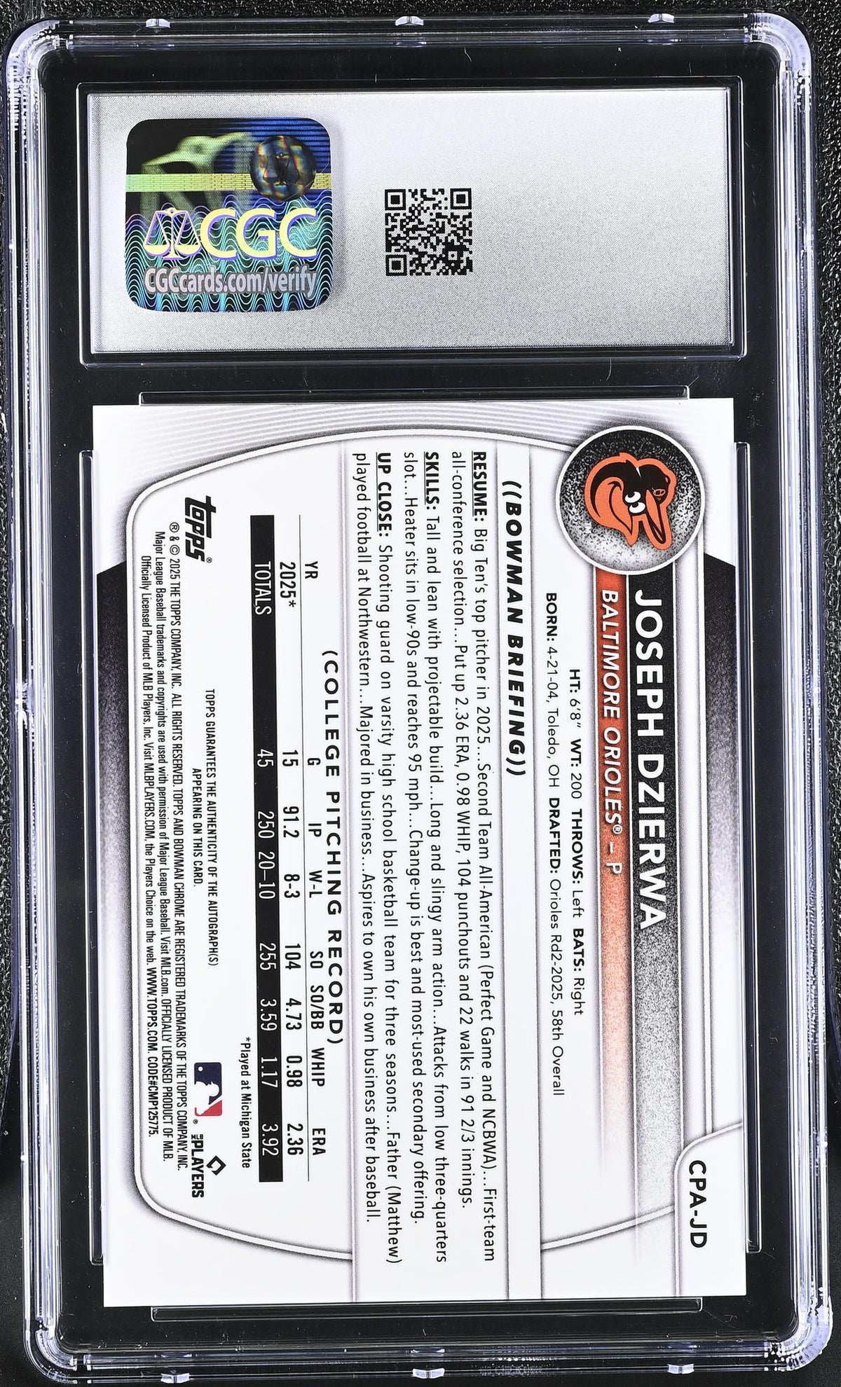 2025 Bowman Chrome # Joseph Dzierwa Chrome Prospect Autographs /199 Auto CGC 9