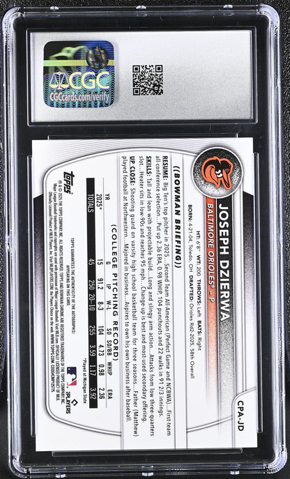 2025 Bowman Chrome # Joseph Dzierwa Chrome Prospect Autographs /199 Auto CGC 9