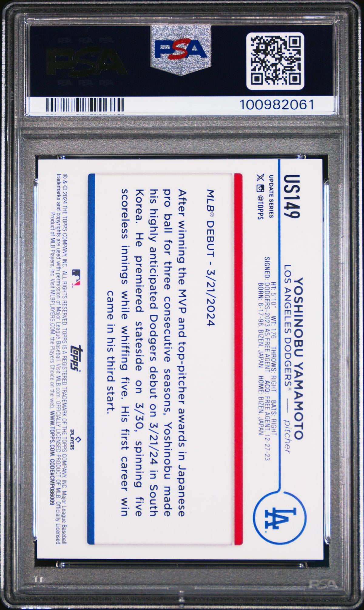 2024 Topps Update Aqua Yoshinobu Yamamoto #Us149 PSA 10