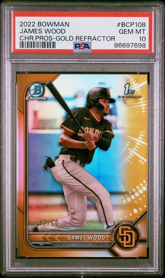 2022 Bowman Chrome Prospect Gold Refractor James Wood #Bcp108 /50 PSA 10