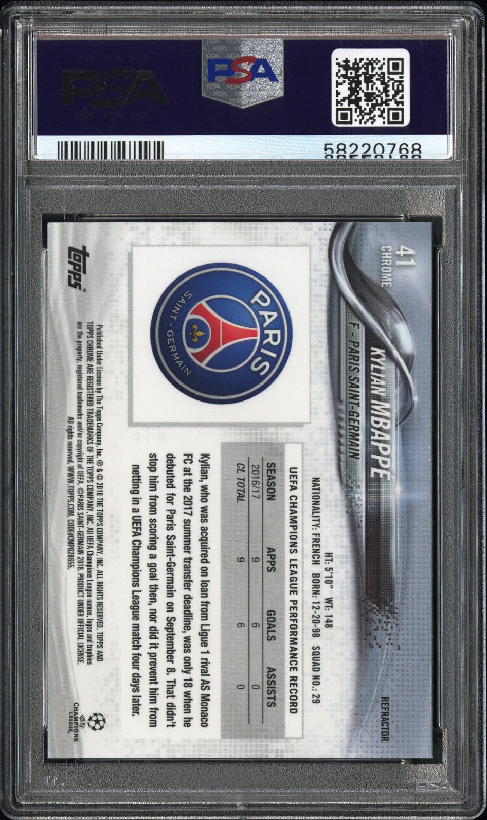 2017 Topps Chrome Uefa Champions League Refractor Kylian Mbappe #41 PSA 9