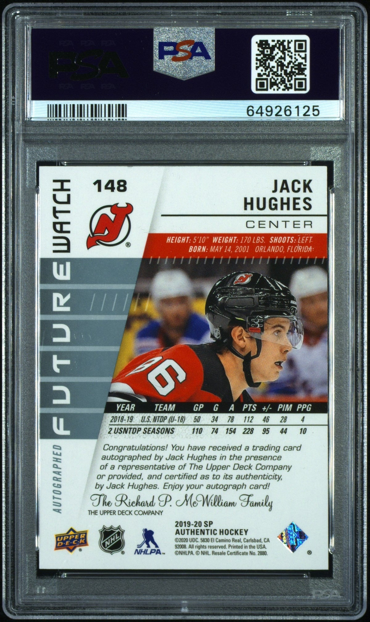 2019 Sp Authentic Future Watch Autograph Jack Hughes #148 /999 PSA 9