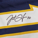 Framed Autographed/Signed Justin Herbert 35x39 Los Angeles San Diego Navy Blue Football Jersey Beckett BAS COA