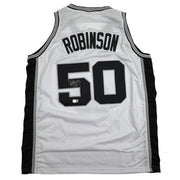 Autographed/Signed David Robinson San Antonio White Basketball Jersey Beckett BAS COA