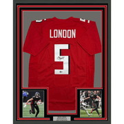 Framed Autographed/Signed Drake London 35x39 Atlanta Red Football Jersey Beckett BAS COA