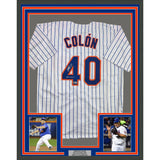 Framed Autographed/Signed Bartolo Colon 35x39 Inscribed Big Sexy New York Pinstripe Baseball Jersey Beckett BAS COA