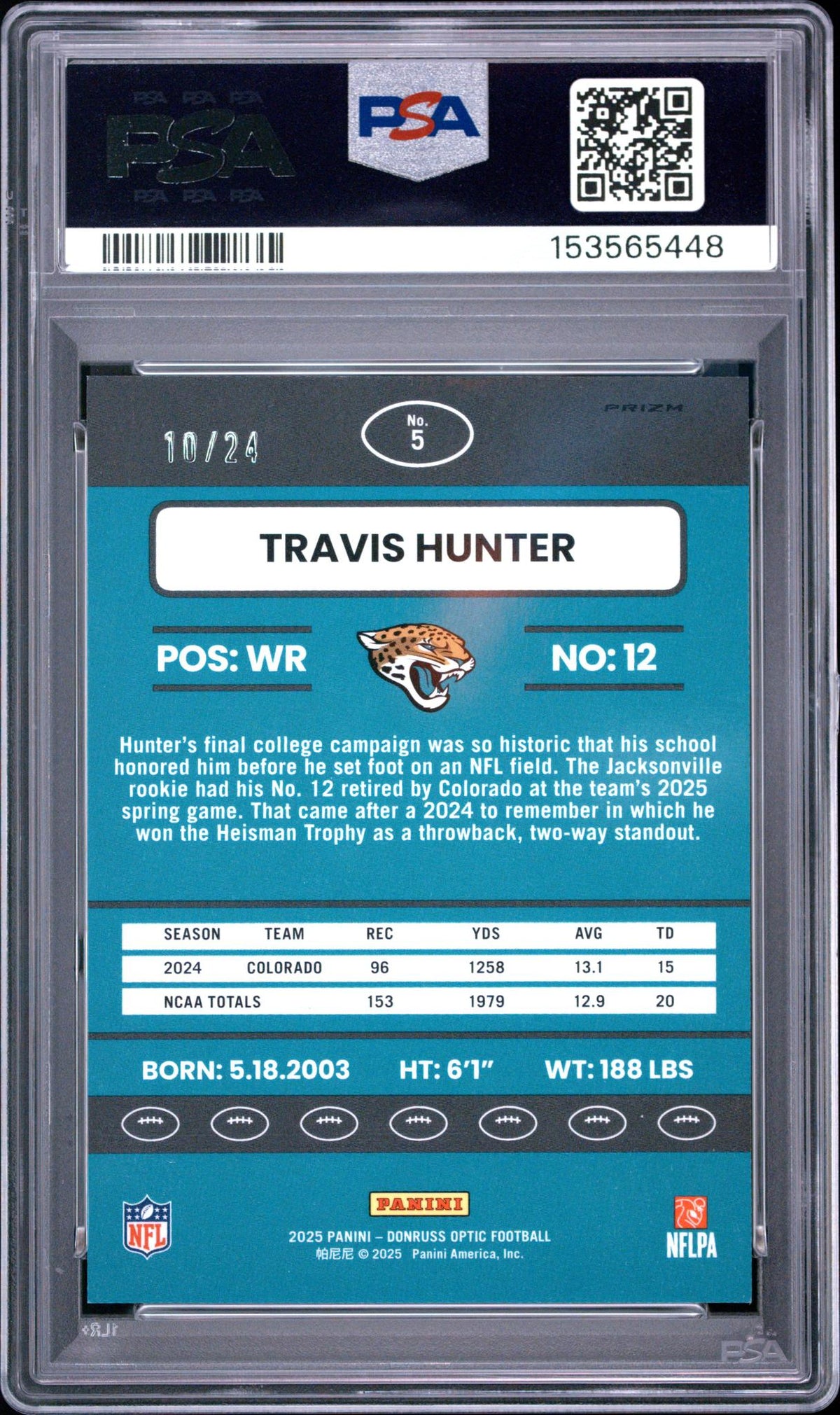 2025 Donruss Optic '15 Retro Dragon Travis Hunter #5 /24 PSA 10