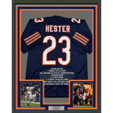 Framed Autographed/Signed Devin Hester 35x39 Chicago Blue Stat Football Jersey JSA COA