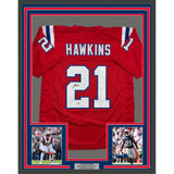 Framed Autographed/Signed Jaylinn Hawkins 35x39 New England Red Football Jersey Beckett BAS COA