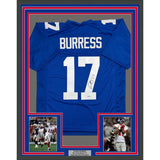 Framed Autographed/Signed Plaxico Burress 35x39 New York Blue Football Jersey JSA COA