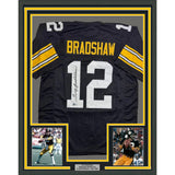 Framed Autographed/Signed Terry Bradshaw 35x39 Pittsburgh Black Football Jersey Beckett BAS COA