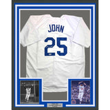 Framed Autographed/Signed Tommy John 35x39 Los Angeles White Baseball Jersey Beckett BAS COA