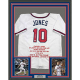 Framed Autographed/Signed Chipper Jones 35x39 Atlanta White Stat Baseball Jersey JSA COA