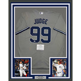 Framed Autographed/Signed Aaron Judge 35x39 New York Yankees Authentic Majestic Grey Baseball Jersey Fanatics COA