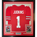Framed Facsimile Autographed Quinshon Judkins 35x39 Ohio State Red Reprint Laser Auto College Football Jersey