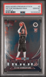 Graded 2023 Panini NBA Hoops Premium Stock Victor Wembanyama #5 Hoopla Rookie RC Basketball Card PSA 10 Gem Mint