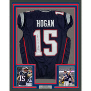 Framed Autographed/Signed Chris Hogan 2x SB Champ 35x39 New England Blue Pro Cut Football Jersey JSA COA