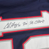 Framed Autographed/Signed Chris Hogan 2x SB Champ 35x39 New England Blue Pro Cut Football Jersey JSA COA