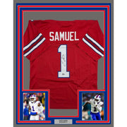 Framed Autographed/Signed Curtis Samuel 35x39 Buffalo Red Football Jersey Beckett BAS COA