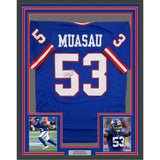Framed Autographed/Signed Darius Muasau 35x39 New York Blue Retro Football Jersey JSA COA