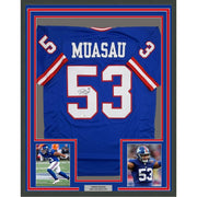 Framed Autographed/Signed Darius Muasau 35x39 New York Blue Retro Football Jersey JSA COA