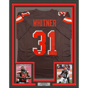 Framed Autographed/Signed Donte Whitner 35x39 Cleveland Brown Football Jersey Beckett BAS COA